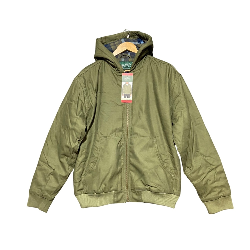 Woolrich Green Label Mens Canvas Hooded Jacket Olive Green Flannel Lined Medium
